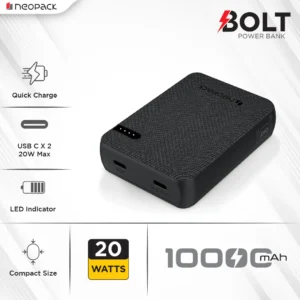 Neopack Bolt 10000 mAH Power Bank with Dual USB-C Port 20W Fast Charging Outputs (Black)